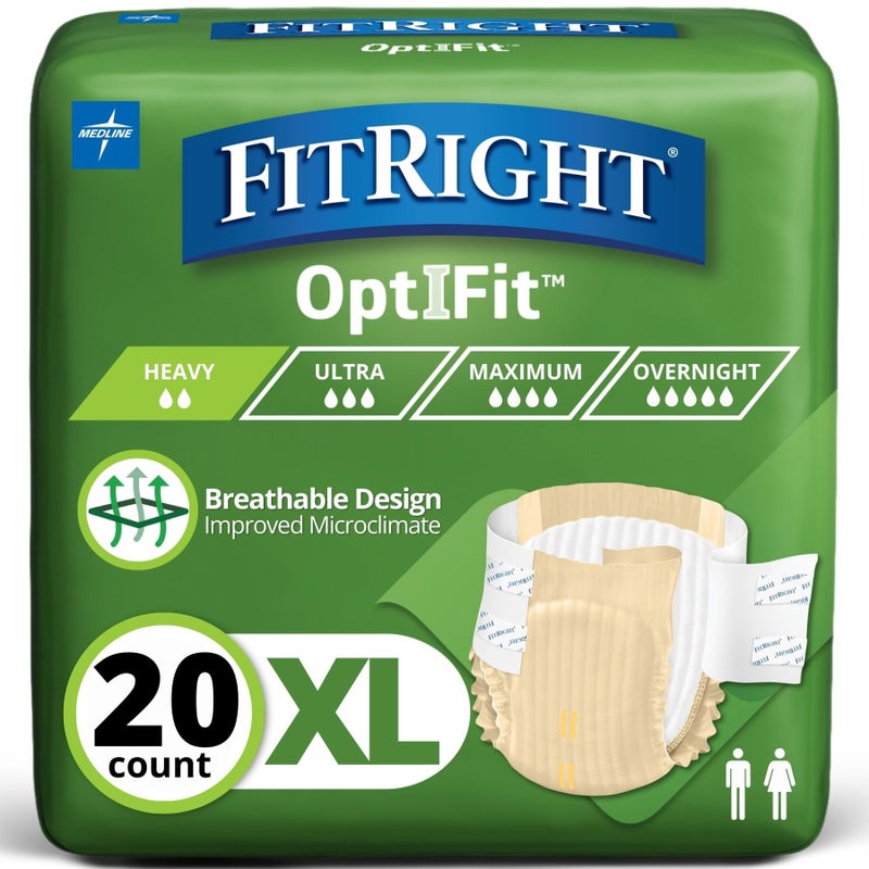 FitRight Adult Diapers, Extra Heavy Absorbency, XL (Waist Size 56in-64in), 20 Count, OptiFit Incontinence Briefs for Men and Women, Disposable, Moisture Wicking, Leak Protection, - Image 1